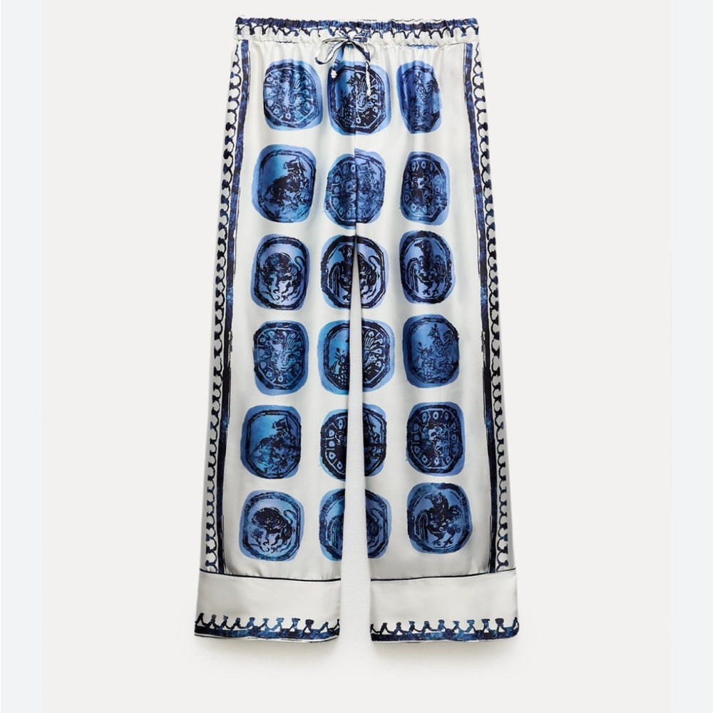Zara Blue & White Patterned Pants - Medium NWT